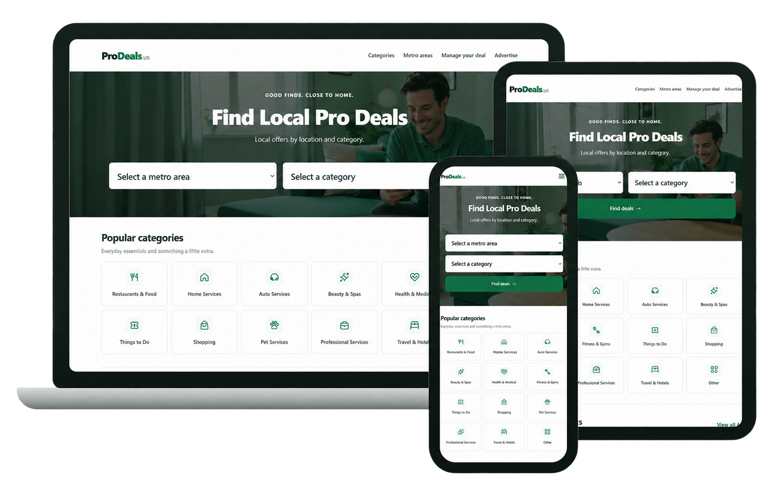 ProDeals website on a laptop, tablet and phone